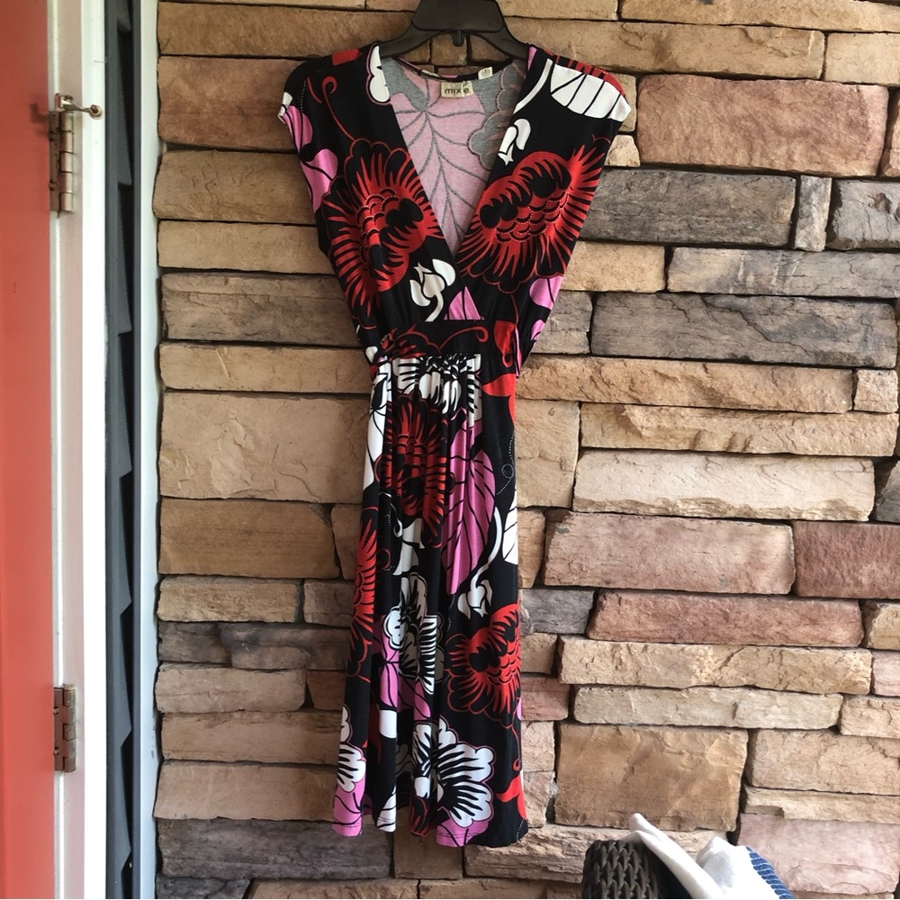 Mixie multicolor flower print stretch sleeveless v-neck dress Large